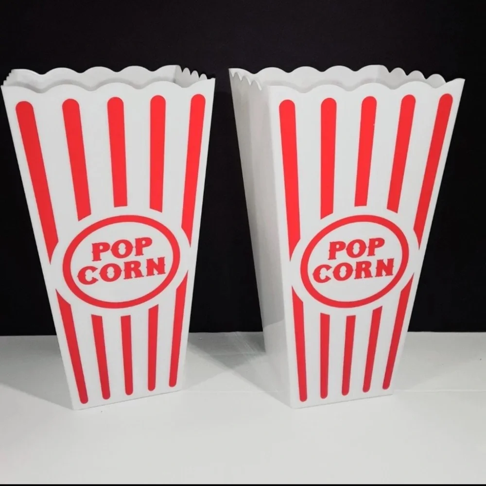 4 Retro Popcorn Buckets Reusable Bowls Movie Tub Plastic red white striped 3.5c